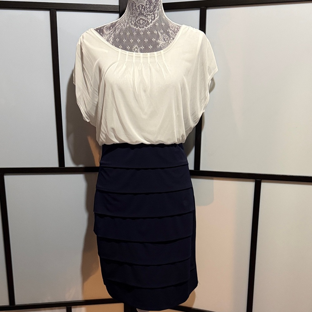 Enfocus Studio White and Navy Blue Tiered Mini Dress